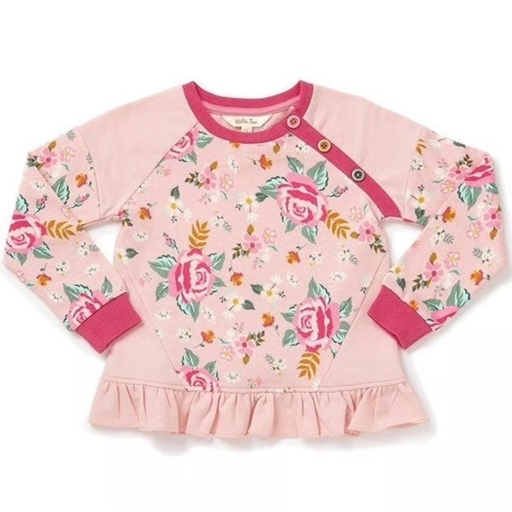 Matilda Jane Girls Pink Floral Ruffle‎ Sweatshirt Sweater Size 4